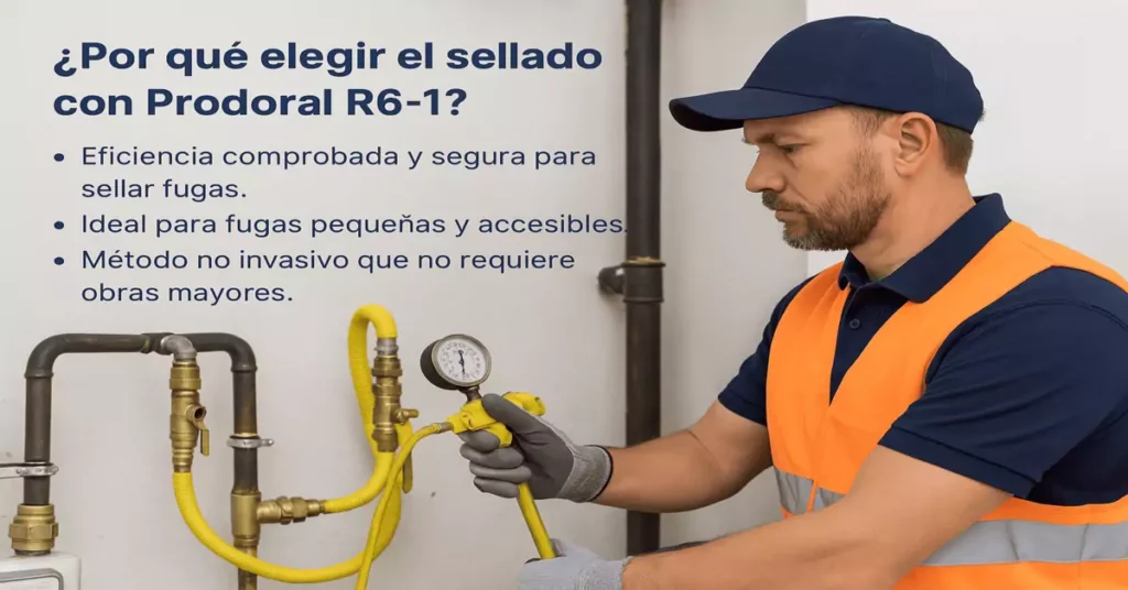 Técnico de gasfitería aplicando prueba de presión en instalación de gas con manómetro, demostrando uso de sellado con Prodoral R6-1 en Valparaíso